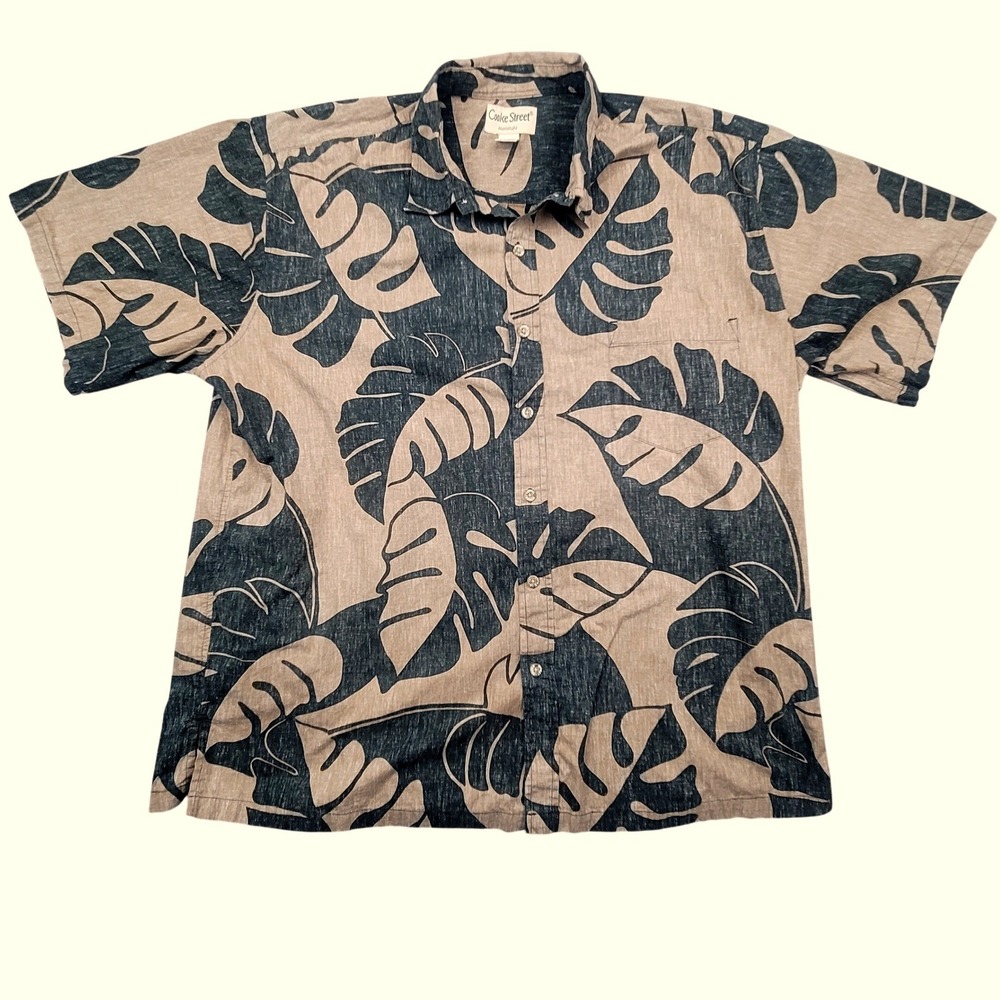 Cooke Street Honolulu Mens 2XL Tan Black Monstera Leaf Cotton Aloha Shirt 2XL